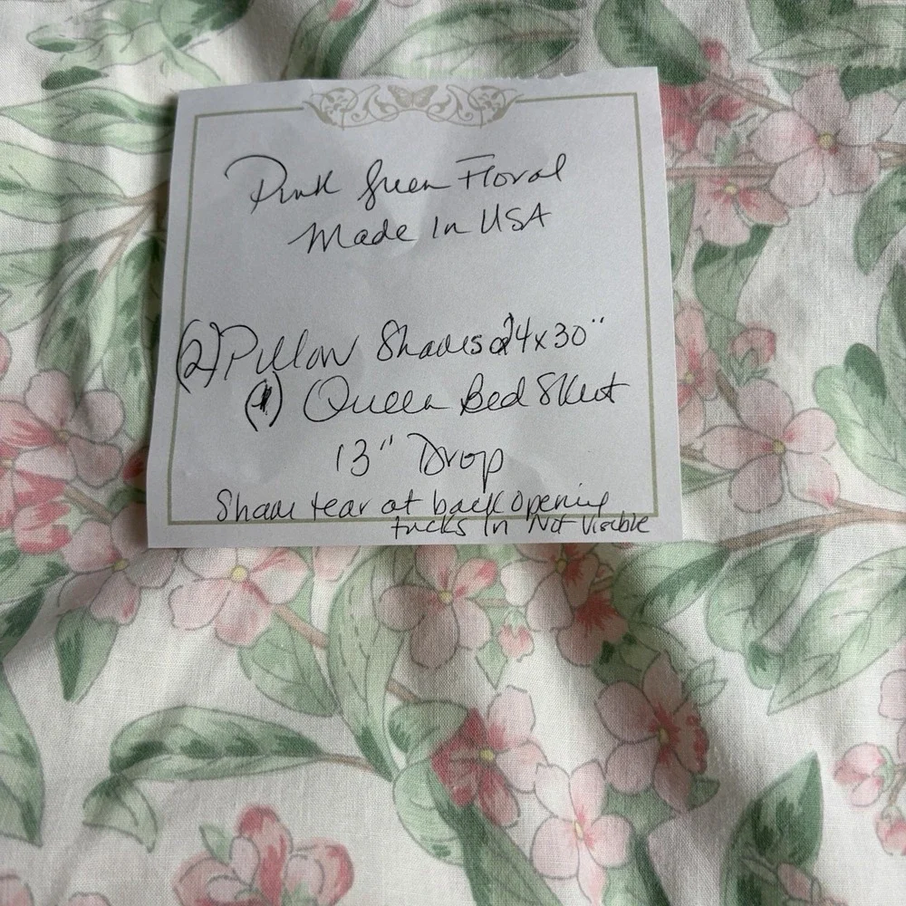 Vintage Floral Bedskirt Queen + 2 Ruffled Shams Pink Green Cottagecore USA